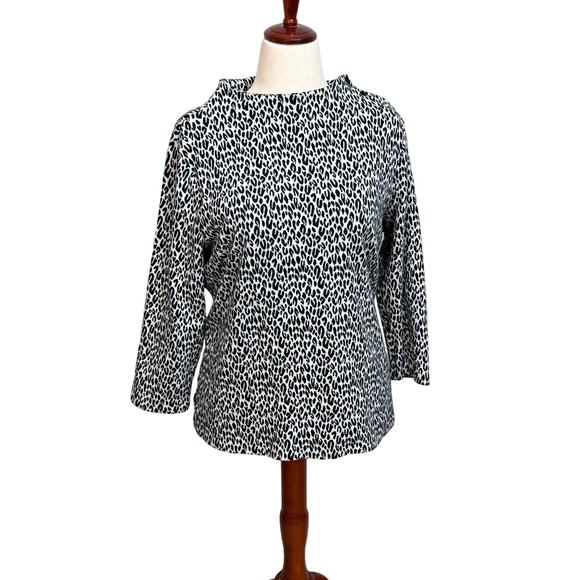 Talbots sweater mock neck black white animal print button detail 3/4 sleeve Sz L - Picture 1 of 8
